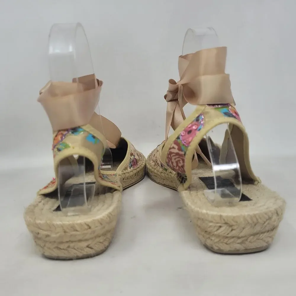 Marmi Sandals 10 Floral Espadrille Sequin Ribbon Tie Wedge Boho Floral Summer